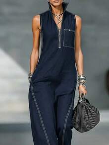 Women's Fashionable And Elegant Stand-Up Collar Sleeveless Casual Loose Bodysuit - màu xanh hải quân - Xem 2