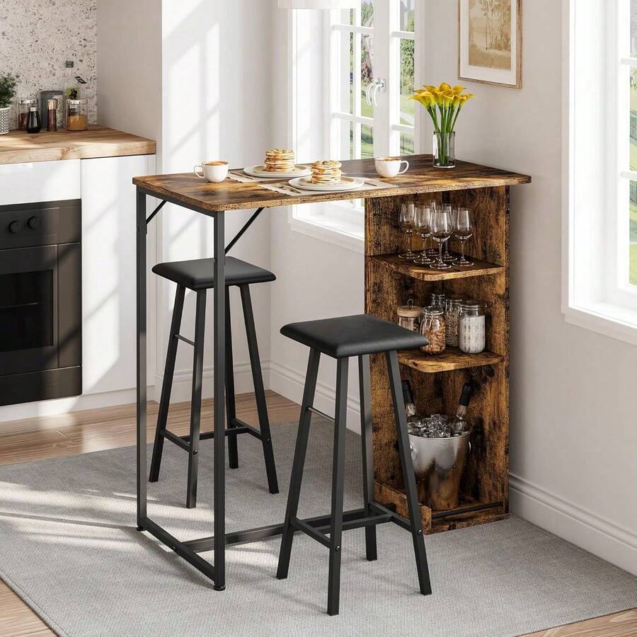 Mesa de bar pequeña 3 piezas y sillas con 3 estantes de almacenamiento, mesa comedor de cocina retro para 2, muebles de apartamento ahorro espacio con taburetes. - Tapizado en marrón - Ver 1