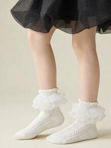 1 par de calcetines de baile hasta el tobillo de unicolor con doble capa y adorno de encaje de malla de colores dulces tipo caramelo para niños/niños pequeños - Blanco - Ver 2