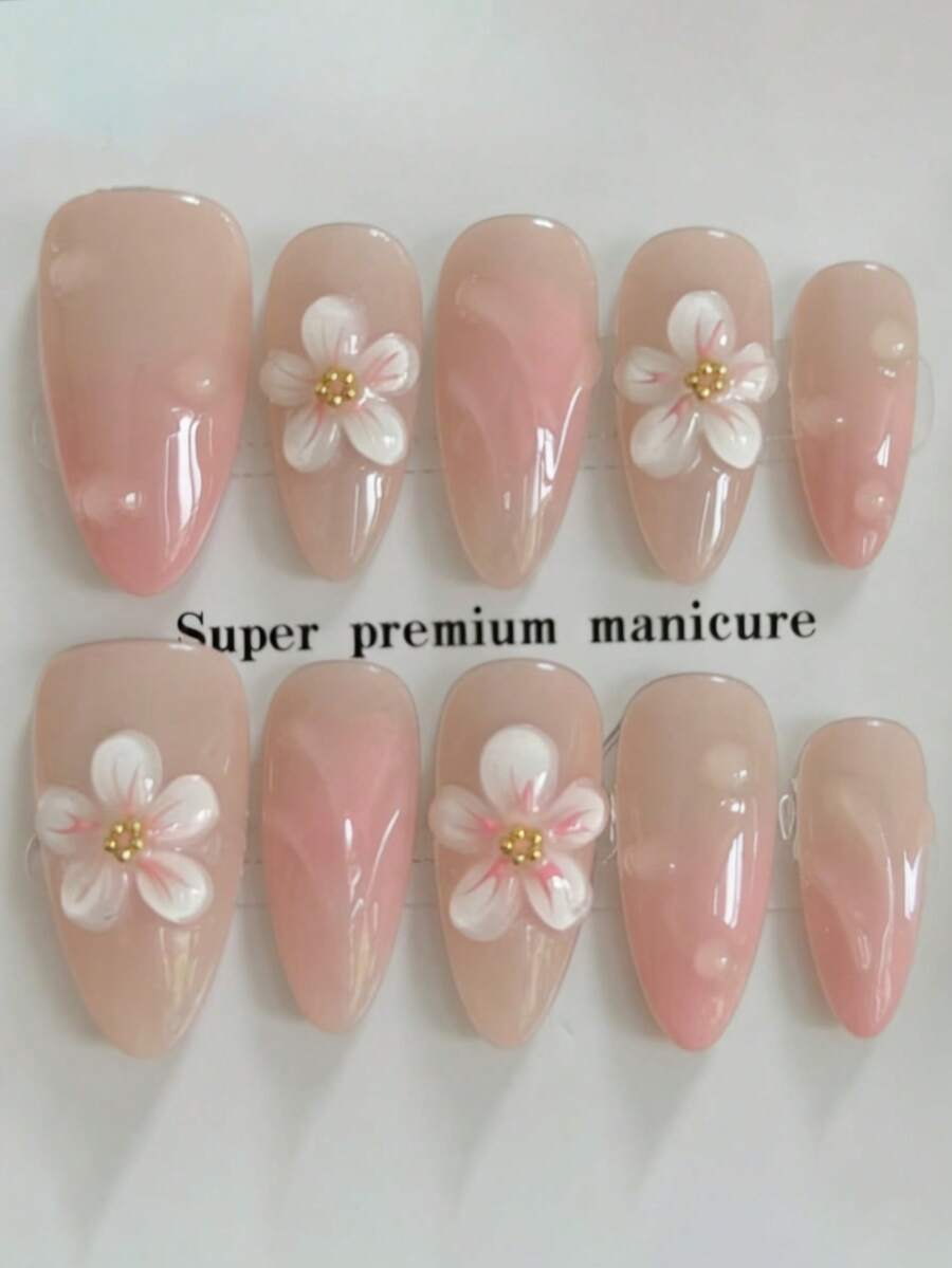 10pcs Pure Handmade Press On Nails Long Nails Almond Nails The Transparent Gradient Of Nude Pink, Hand-Painted Three-Dimensional Cherry Blossoms, Golden Small Beads As The Flower Stamens, As Well As Three-Dimensional Transparent Water Droplets And Other Textures, Are All Soft And Gentle.Gentle Elegant Cute Nails For Ladies And Girls Spring Summer Fall Winter Festivals Parties And Daily Life Use - Baby Pink - View 1