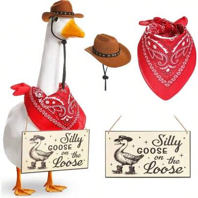 趣味门廊鹅装饰套装，傻鹅逃跑悬挂装饰，牛仔装扮配牛仔帽和头巾，适用于23英寸水泥/塑料户外雕像，庭院花园艺术品（红色，黑色）