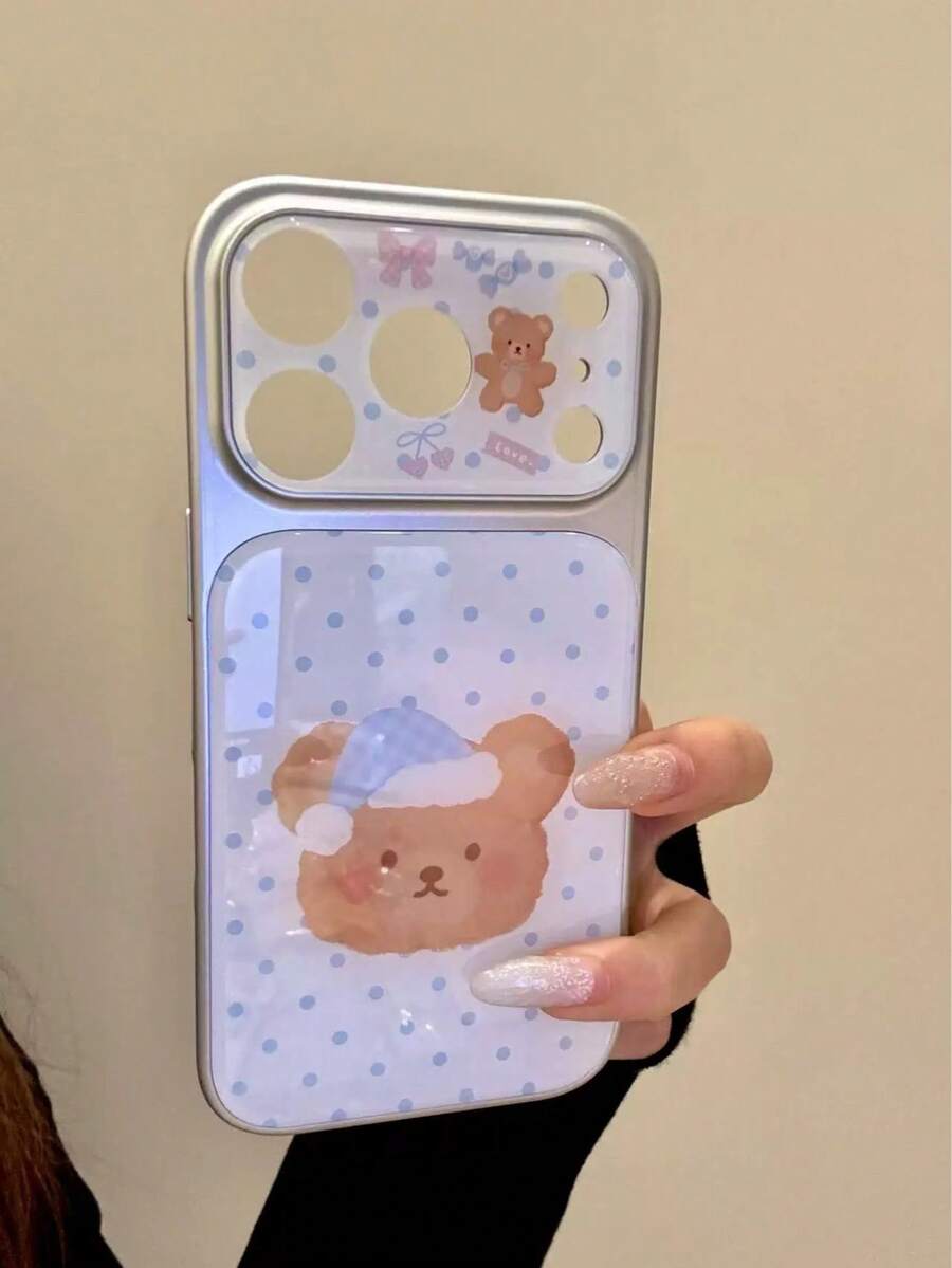 Cute Blue Polka Dot Bear On White Background Phone Case, Suitable Compatible With Apple 16/17 Pro Max/ 15 Pro, Protective Cover For Women, 14/13 - Blue - View 1