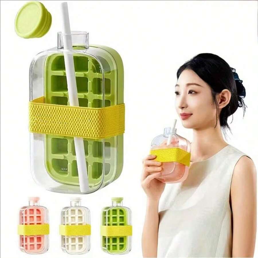 1組創意冰塊製作器，2合1免接觸式冰塊與水瓶，附吸管與攜帶背帶，按壓即可釋放冰塊，矽膠模具，健康衛生，適合居家、泳池派對使用，可直接放入冰箱製作碳酸飲料等各種清爽飲品，大容量冰塊模具，完美飲水瓶，夏季必備冷卻小工具，適合返校季活動