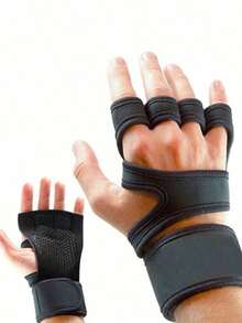 1 Pair Of Ink Colored Neutral Fingerless Sports Gloves, Available In S/M/L/XL Sizes, Suitable For Weightlifting, Gym Fitness Training, With Hook And Loop Fasteners - màu đen - Xem 4