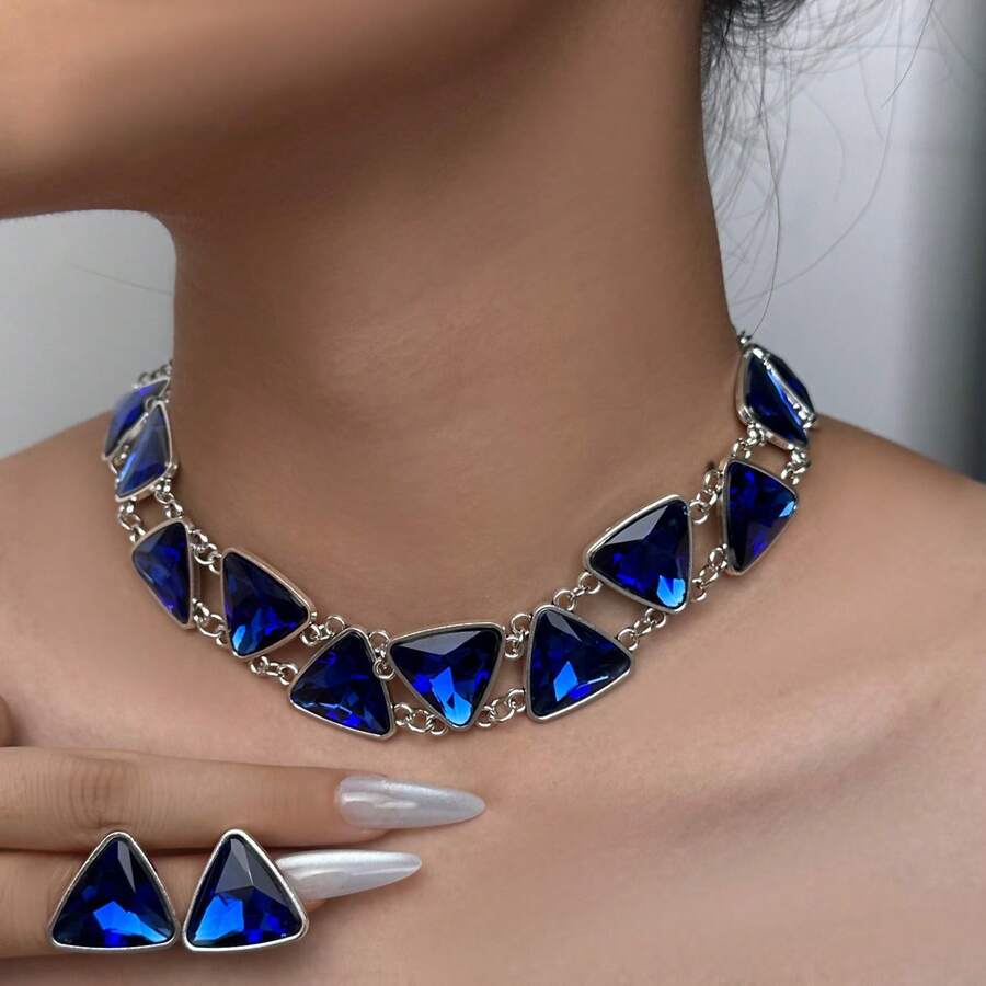 3PCS Vintage Geometric Triangle Necklace, Unique Exaggerated Luxurious Jewelry Set, Evening Dress Accessories, Earrings - 綠色 - 查看 1