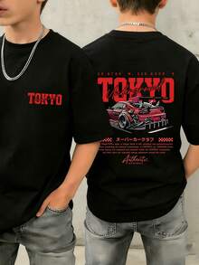 1 pieza Camiseta de manga corta con estampado de coche, adecuado para niños preadolescentes y estudiantes jóvenes, top de verano - Negro - Ver 3