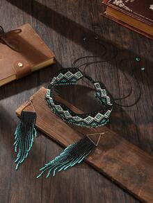 Bộ trang sức tua rua thủ công, phong cách Bohemian, cổ điển sang trọng, bộ trang sức tua rua thanh lịch dành cho nữ, bông tai hình tam giác phối màu gradient hình học, dây chuyền hình thoi điều chỉnh được, thiết kế độc đáo, phù hợp đeo hàng ngày, mẫu mới mùa xuân/hè, quà tặng ngày lễ, phụ kiện dự tiệc nghỉ dưỡng. - Bộ dây chuyền và bông tai - Xem 1
