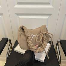 Women's Corduroy Shoulder Bag With Bow Embroidery - Adjustable Crossbody/Handbag, Zipper Closure & Polyester Lining - Cute Compact Underarm Purse Suitable For Casual, Office, Parties (Khan///) - 卡其色 - 查看 3