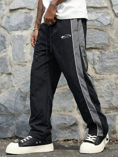 男士夏季新款星标印花拼接抽绳腰休闲运动裤，男女通用款，适合春秋季穿着