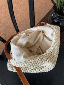 2025 New Hollow Out One Shoulder Woven Beach Bag, Large Capacity Commuter Tote Bag For Vacation - Beige - View 6