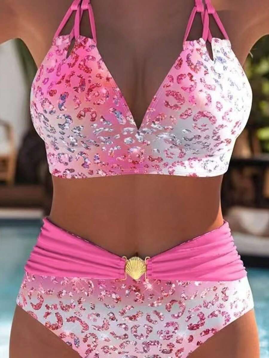 Women Swimwear Beach Suit Swimming Costume Summer Beach Festival Vacation Travel Fashion Elegant Exquisite Two Piece Bikini Set - 亮粉紅色 - 查看 1