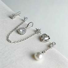 6件套精致星爆心形珍珠耳环套装，独特设计链式耳环，夏季必备 - 白色 - 查看 4