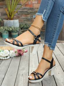 1 Pair Women's Summer New Fashion Crystal Pendant One-Strap Comfortable Soft-Sole High Heel Sandals, Minimalist Style Suitable For Casual, Work, And Solid Color Wedding Heels - Black - View 4