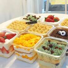 10个装可重复使用的方形甜点杯，带透明盖，透明慕斯布丁奶昔杯，耐低温易清洗餐具杯，适用于派对、野餐、咖啡馆、自助餐、芝士蛋糕、果冻等。 - 透明 - 查看 7