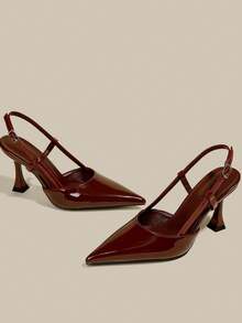 女士酒红色漆皮细高跟尖头闭趾高跟鞋，优雅正式时尚搭扣派对礼服鞋，办公室搭扣踝带高跟鞋 - 酒紅色 - 查看 3