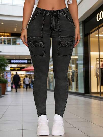 Pantalones Vaqueros Ajustados con Elastano para Mujer con Múltiples Bolsillos, Jeans elásticos lavados negros para todos los partidos
