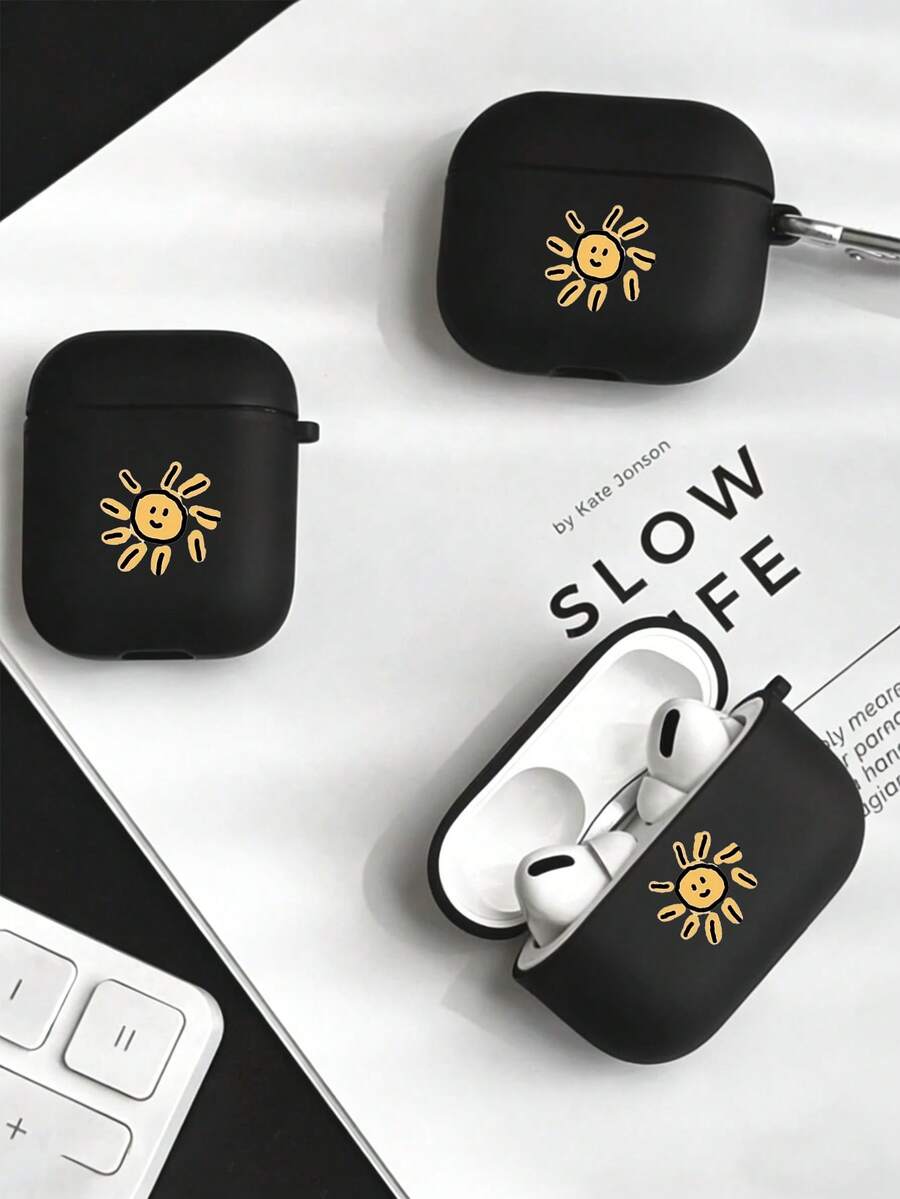 Expression 1pc Cartoon Sunshine Minimalist Style Earphone Case, Suitable Compatible With Apple Pro 2, New 4th/3rd Gen, 1st/2nd Gen Pro Matte Protective Cover - Black - View 1