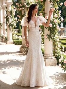 HEARBOBO Mesh Petal Sleeve Deep V-Neck Lace Trim Luxurious Bohemian Mermaid Dress, Elegant French Style Wedding Gown - White - View 3