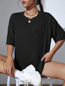女士宽松T恤休闲运动上衣健身服夏季宽松短袖印花基础款Y2K 2026运动 - 黑色 - 查看 4