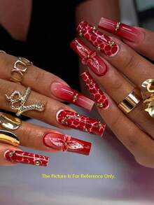 10pcs DIY Cute Baroque Y2K Shiny False Nails With Floral Decor, Handmade Square Long Glitter French Manicure Nails, Suitable For Valentine's Day, New Year Or Party Wear, For Women Holiday Use, Comes With Nail Glue Stickers And Nail File. - Đỏ và trắng - Xem 2