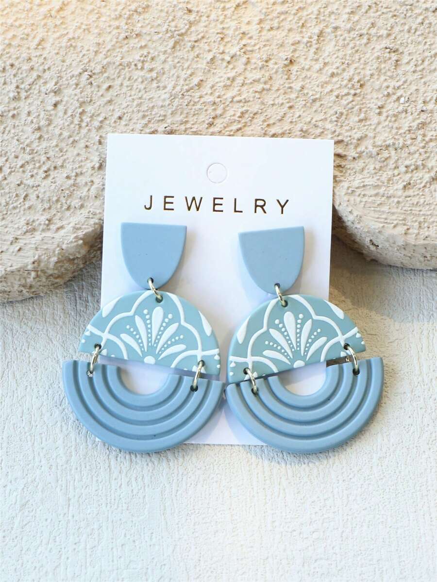 1 Pair Women's Wheat Flower & Leaf Print Light Blue-Gray Ceramic Texture Hollow Design Acrylic Earrings - Multicolor - View 1