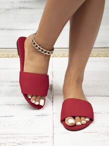 女士时尚平底凉鞋，春夏沙滩防滑可爱拖鞋，条纹平底凉鞋，优雅欧美风一脚蹬凉鞋 - 紅色 - 查看 2