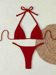 2026春夏新款女士清新柠檬红编织比基尼泳衣，性感沙滩度假两件式泳装 - 紅色 - 查看 2