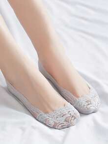 1/5/10双装女士夏季轻薄透气网眼镂空钩扣花朵硅胶防滑蕾丝船袜 - 彩色 - 查看 5