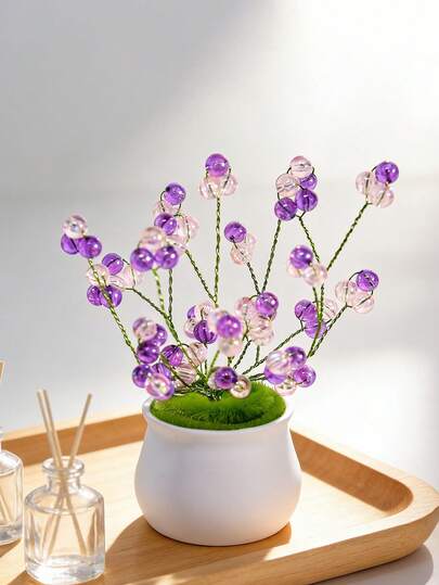 1盆优雅紫色水晶珠人造盆栽，手工串珠仿真绿植，适合花园、节日、家居、办公桌装饰，节日礼物