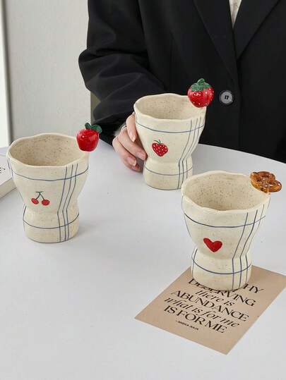 1个手绘陶瓷水果图案马克杯，拉花杯，咖啡杯，复古粗陶杯，高脚杯，家用早餐牛奶杯，果汁饮料杯，情侣水杯，节日礼物杯（送给家人和朋友）