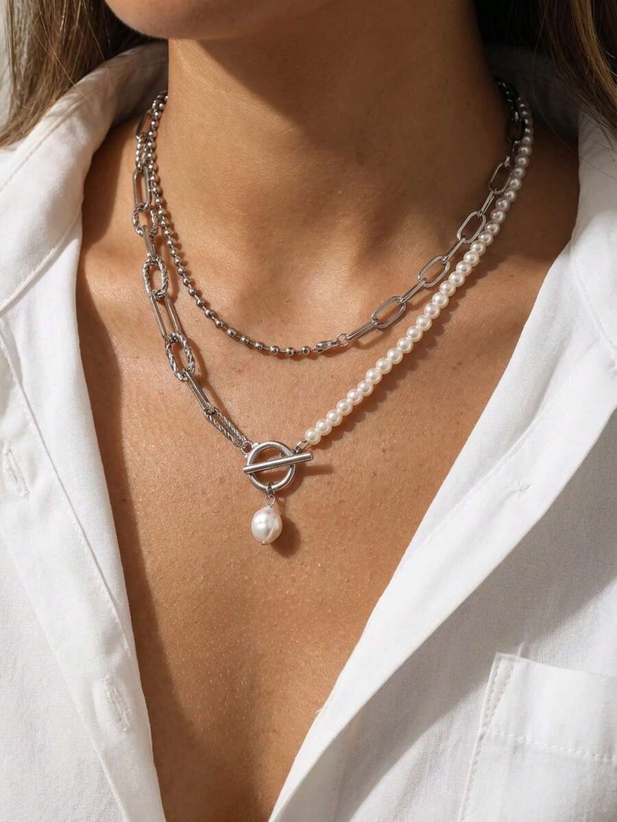 1条时尚长款串珠多层项链，复古个性化珍珠扣项链，适合女性日常、约会、度假、婚礼、节日、休闲及特殊场合佩戴，生日礼物、母亲节礼物、情人节礼物[链条顺序随机]，珍珠形状随机 - 銀色 - 查看 1