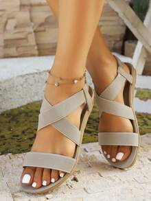 Women's Summer New Elegant & Comfortable Striped Elastic Band Beach Holiday Flat Sandals, Plus Size - Beige - View 5