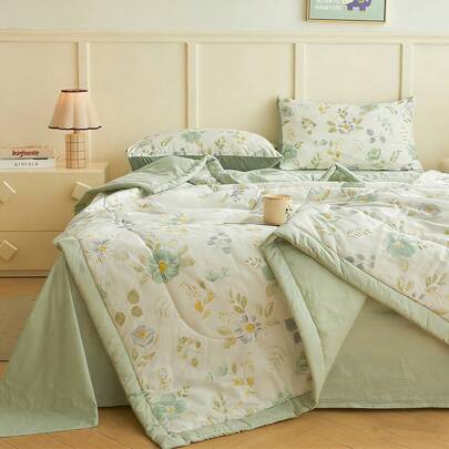 1pc Soft Quilted Blanket, Lightweight Summer Quilt, Fashionable Printed Throw Blanket With Floral Pattern, Suitable For Home Bedroom Decor, Wedding, Valentine's Day, Easter, Mother's Day, All Seasons