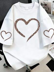 Leopard & Heart Print Tee Graphic Cheetah Print Tees Women Tops - White - View 1