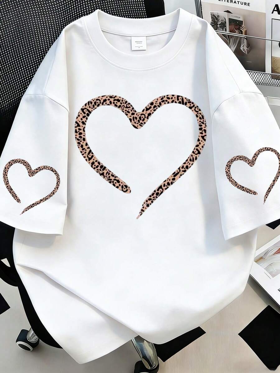 Leopard & Heart Print Tee Graphic Cheetah Print Tees Women Tops - White - View 1