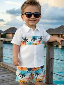Toddler Boys' Spring/Summer Short Sleeve Shirt And Matching Allover Print Shorts 2-Piece Set, White Base With Orange, Blue And Palm Tree Prints, Suitable For Daily Outings, Beach Vacations, And Family Outings - White - View 4