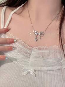 1/3/5件装女士蝴蝶结项链吊坠，镶嵌钻石，百搭锁骨项链 - 銀色 - 查看 2