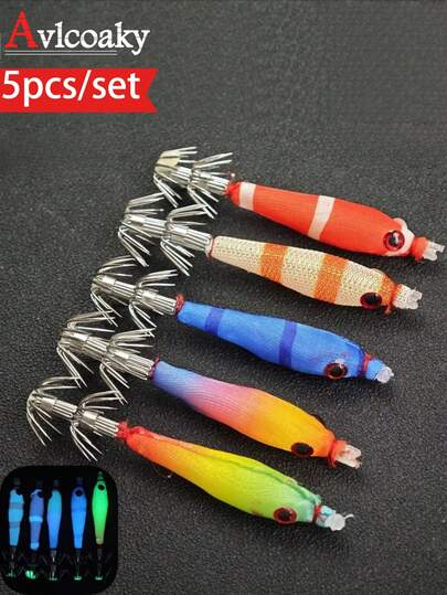  Avlcoaky 5件套仿真鱿鱼饵夜光海钓饵