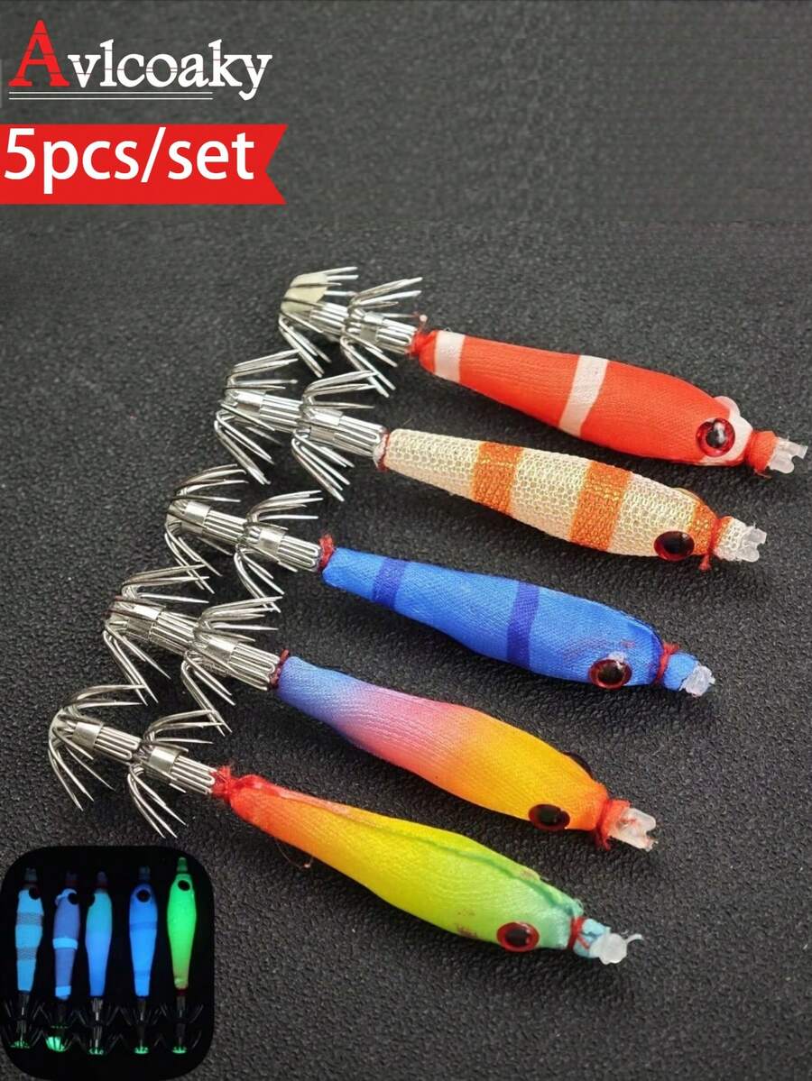 Avlcoaky Set de 5 señuelos de calamar simulados que brillan en la oscuridad para pesca de mar - Multicolor - Ver 1