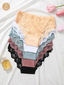 5pcs/Set Women Lace Floral Low-Waist Panties, Soft & Comfortable Ladies Underwear Sexy Basic Triangle Briefs, Minimalist Daily Wear - Multicolor - View 10