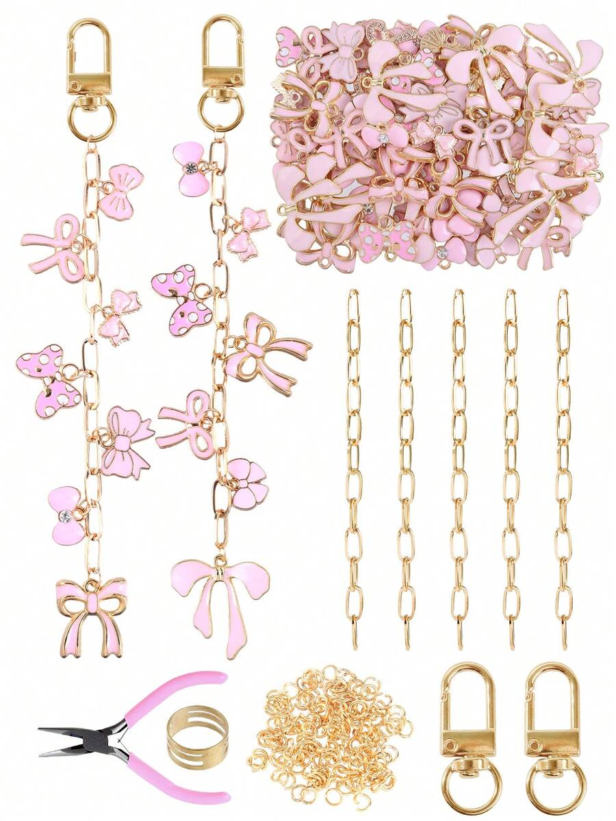 Kit de fabricación de llaveros con moño rosa, incluye colgante con moño rosa, broche de llavero, cadena de extensión, anillos de salto y alicates de joyería, kit creativo de manualidades y regalos de charms y joyería DIY - Kit para hacer llaveros (DIY) - Ver 1