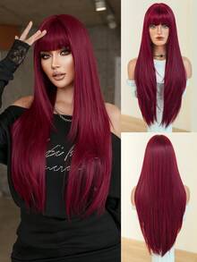 7JHH WIGS 34 Inch Extra Long Straight Wine Red Wig With Bangs - Super Long Natural Layered Wigs, High Quality Soft Synthetic Fiber Velvet Purple Burgundy Wigs For Women Daily Wear, Festival Ready Party Use, Mother's Day Gifts & Graduation Gift - Beginners Glueless Wig Accessories - Màu đỏ tím - Xem 2