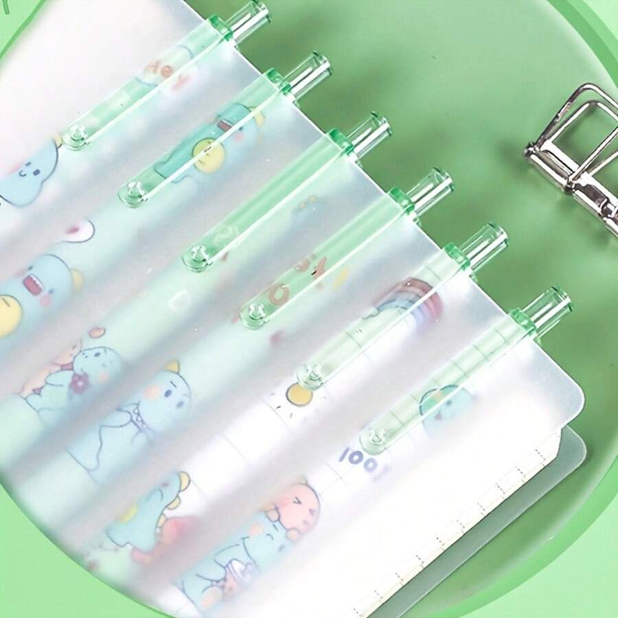 6支/套 高美抹茶绿压纹可爱恐龙中性笔 0.5mm子弹头黑色碳素学生问号笔 - 套裝 - 查看 1