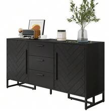 Elegant Sideboards With Fish Gräten Muster, With 2 Towers And 3 Shelves For Kitchens, Kitchens And Kitchens - Black + MDF - View 3