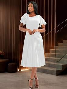 Elegant White Pleated Mid-Length Dress, Ruffle Sleeve, Asymmetrical Neckline, Suitable For Spring/Summer Wedding Guest, Cocktail Party, Formal Occasions - White - View 6
