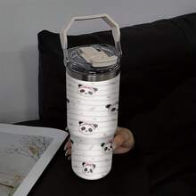1个/5个装 30盎司可爱熊猫苹果图案保温杯，带提手 - 大容量旅行杯，适合日常补水、盛装冰饮及作为礼物 - 白色 - 查看 3
