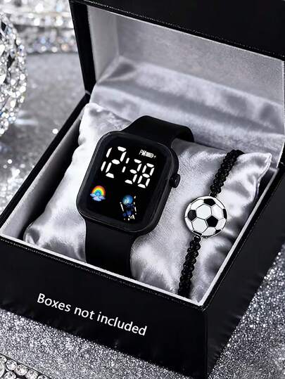 2/1pc/Set, Fashionable Minimalist Elegant Square Digital Display Watch With Football Bracelet Set, Suitable For Men And Women. Perfect For Gatherings, Parties, Schools, And Great Gift Choice For Mother's Day, Back To School, Wedding Season, Easter To Give To Mom/Friends