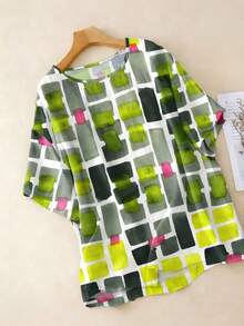 Bohemian Style Casual Plus Size Women's Round Neck Short Sleeve T-Shirt, Multicolor Patchwork, Random Print Design, Suitable For Spring And Summer - Green - View 6