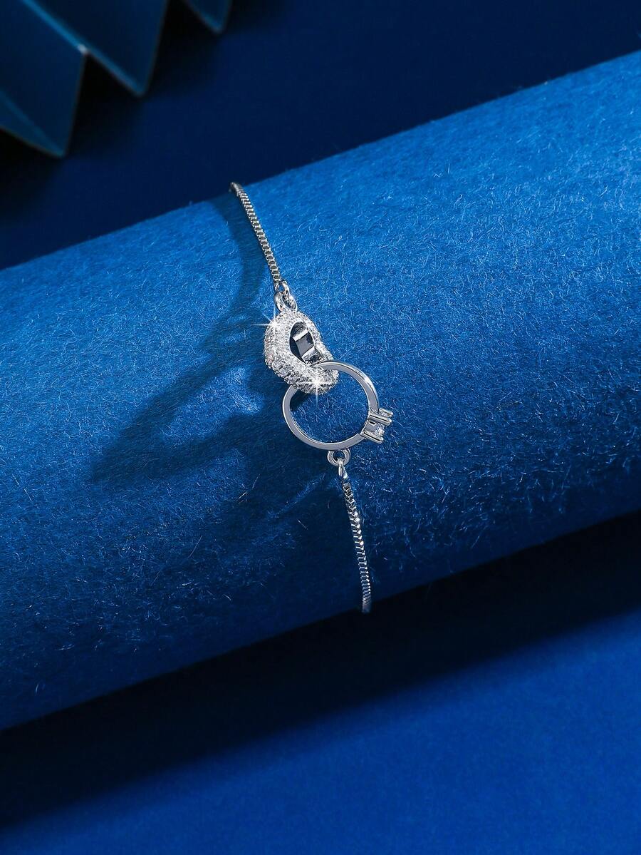 1件简约优雅奢华镂空心形圆形立方氧化锆装饰可调节旋转链条手链,适合通勤和日常佩戴 - 彩色 - 查看 1