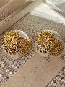 1對復古菊花耳釘 - 琺瑯圓盤耳環配3D花卉浮雕，優雅亮眼飾品，適合派對、辦公室日常配戴 - 耳環 - 查看 6